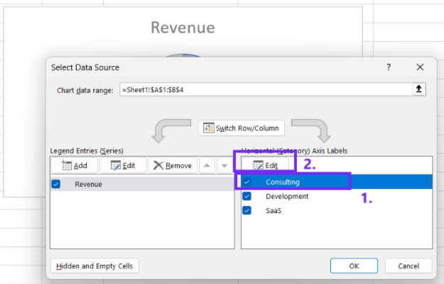 Screenshot from Excel with steps to edit legend title for pie chart